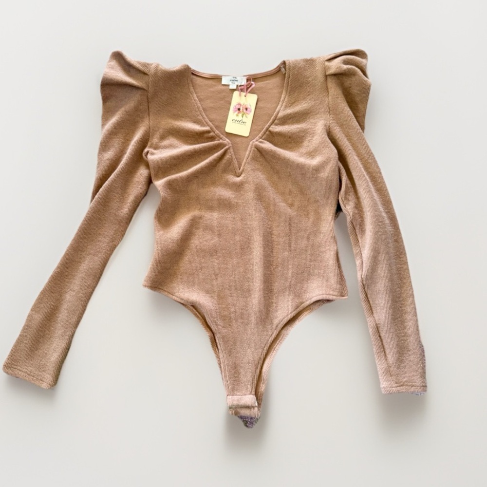 NWT Entro Brown Ribbed Knit Bodysuit Sz L Puff Sleeve